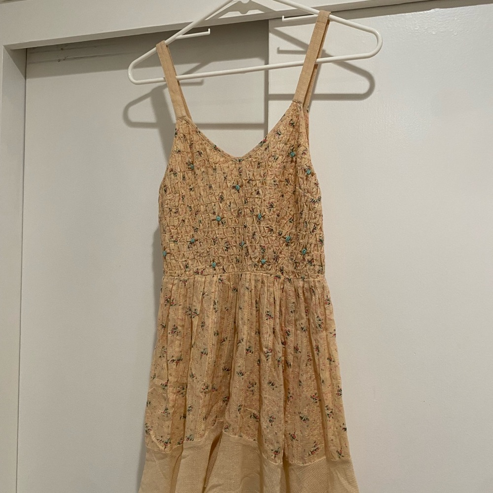 FREE PEOPLE YELLOW PINK PEACH MINI FLORAL PRINT PATTERN SMOCK DRESS SIZE 2
